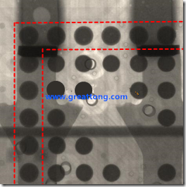 BGA錫球尺寸小于0.4mm，采用降低BGA內(nèi)圍襲球的錫膏量所得到X-Ray，稍微留意一下可以發(fā)現(xiàn)最外圈的錫量(圓的直徑)比其他內(nèi)圍的錫球上的錫量來得多一點(diǎn)點(diǎn)。也就是外圈的黑色圓形直徑比內(nèi)圈的圓形來得大一點(diǎn)點(diǎn)。