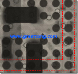 BGA錫球尺寸小于0.4mm，采用降低BGA內(nèi)圍襲球的錫膏量所得到X-Ray，稍微留意一下可以發(fā)現(xiàn)最外圈的錫量(圓的直徑)比其他內(nèi)圍的錫球上的錫量來得多一點(diǎn)點(diǎn)。也就是外圈的黑色圓形直徑比內(nèi)圈的圓形來得大一點(diǎn)點(diǎn)。