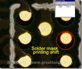 電路板BGA下面的防焊層印刷偏移，造成焊墊大小不一致。