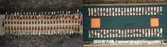 把板對(duì)板連接器與其電路板的佈線焊墊作一個(gè)比較，端子的切斷面有毛邊的地方剛好對(duì)到了裸銅區(qū)。