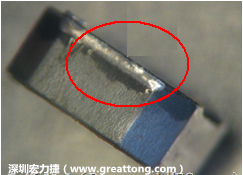 使用錫(Sn)鍍層的電源電感器(Power Inductors)，經(jīng)過推力測試后，其焊點還保留在零件的端點上，所以推力比較高。