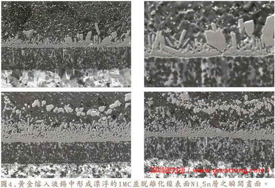 下面四張圖片為放大4500倍的SEM圖像，說明在回流焊爐熱量不足的情況下，黃金成份正要從鎳層分離融入焊錫之中的瞬間，當(dāng)零件遭受外力沖擊的時(shí)候就極有可能從這一整排AuSn、、AuSn2或AuSn4的IMC處裂開。