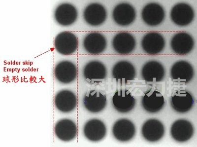 現(xiàn)在我畫幾條直線你再看看是否有發(fā)現(xiàn)那一顆BGA的錫球比較大，有空焊的可能？