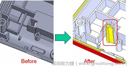 既然知道可能的問(wèn)題出在電路板變形量過(guò)大，于是在電路板上黏貼應(yīng)力計(jì)(Stress Gauge)然后先量測(cè)未改善前的應(yīng)力數(shù)據(jù)。改善方法是在BGA的附近新增機(jī)溝肋柱(rib)來(lái)頂住電路板以降低電路板在落下時(shí)的變形量。