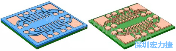 銅被電鍍在導電種子層之上，從而填滿了PCB板上的圖形化光刻膠腔體(左)。清除光刻膠，蝕刻暴露出的種子層以分隔開不同的銅線(右)-深圳宏力捷
