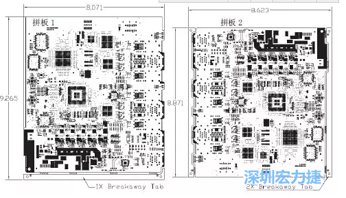 如圖7所示是使用不同數(shù)量邊條的拼板，拼板1僅使用了一個邊條，直接利用PCB另一邊作為SMT工藝傳送邊，并且PCB圖形中有合適的安裝孔；而拼板2則是按常規(guī)設(shè)計了兩個邊條。拼板方式為連接筋。圖中“Breakaway Tab”指邊條-深圳宏力捷