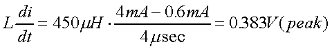 舉例來說，一個閘在"ON"而載有4mA的電流時，突然開關切到"OFF"且現(xiàn)在載有0.6mA的電流，假設開關時間為4msec，載有450mH的電感信號的導體，此時所產(chǎn)生的電壓突波為