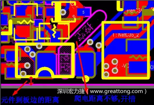 如果碰到模塊PCB空間有限，爬電距離不夠，可以采用開槽的方式