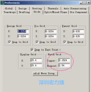  改銅皮的填充網(wǎng)格Global→Design Units，填充方向Drafting→Direction；Hatch Grid中Copper此數(shù)值為大銅箔中所填充的線條中心到中心的距離。