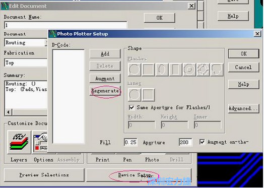 當(dāng)Gerber和鉆孔都設(shè)置完后，選擇一貼片元件較多的層（一般為Top層），點擊Device SetupPhoto，將 Plotter Setup窗口D-Code欄原有的D碼刪除并按Regenerate重新生成