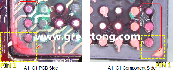 PIN-1的位置很重要，不知道Pin-1在哪里？那你怎么知道斷裂錫球在PCB的位置，如何判斷可能的應力(Stress) 影響。一般在PCB的絲印層(白漆)上面一定會標示零件的PIN-1位置，有的未打一個圓點，有的會畫三角形，但這張照片在PCB的PIN-1被紅墨水遮住了，如果可以的話建議那一塊沒有紅墨水的板子對照一下。