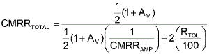 方程式1是從理想運(yùn)算放大器的CMRR等式中匯出，其中CMRRAMP被假定為非常大(無窮大)。