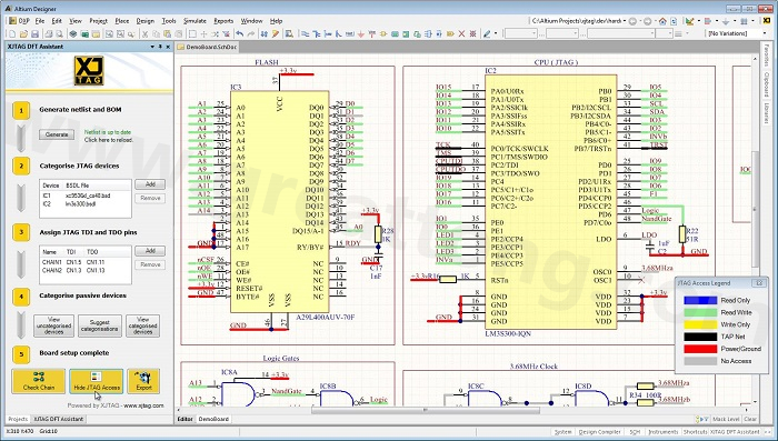 XJTAG DFT Assistant的Access Viewer模式可以清楚地顯示可用的測(cè)試存取層級(jí)，讓電路板設(shè)計(jì)人員在展開(kāi)PCB布局以前的原理圖擷取階段盡可能地提高測(cè)試存取能力