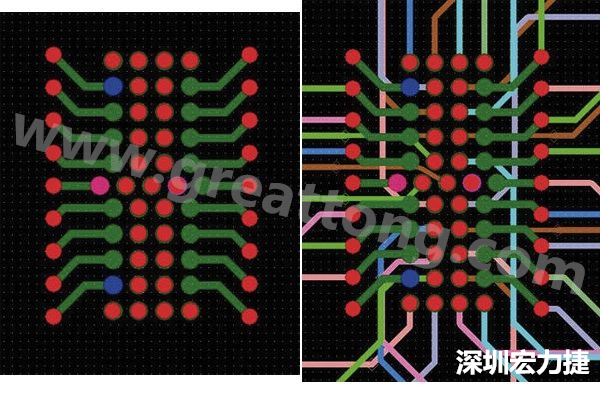 圖7：焊盤內(nèi)過孔用于內(nèi)部，而外部接腳在0.5mm閘格上扇出。圖7a顯示的是頂層(左)；圖7b顯示頂層和內(nèi)部布線層(右)。