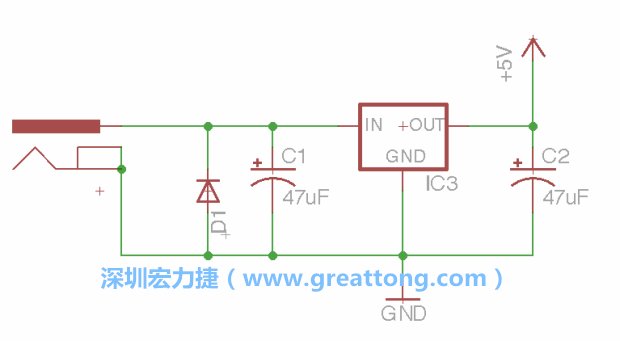 新增RBBB→Power_Jack，將它放在電壓調(diào)整器的輸入端旁邊。