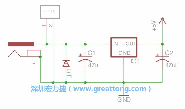 2.5.    新增一個二極體，它會以水平的狀態(tài)出現(xiàn)在屏幕上，請使用「旋轉(zhuǎn)（Rotate）」工具把它負極那一面朝上，并且用「網(wǎng)絡連接」工具將它連接在電壓調(diào)整器的輸入端和接地端之間。