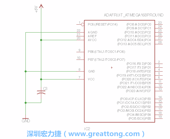 3.1.    新增微控制器晶片（RBBB → ATmega），把它放在電路原理圖的中央附近，把它的兩個接地接頭連接到接地訊號端。