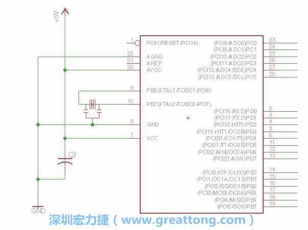 3.2.    在靠近ATmega的電源供應針腳7的位置放置一個0.1μF的電容，將它分別連接電源、接地端和針腳7。