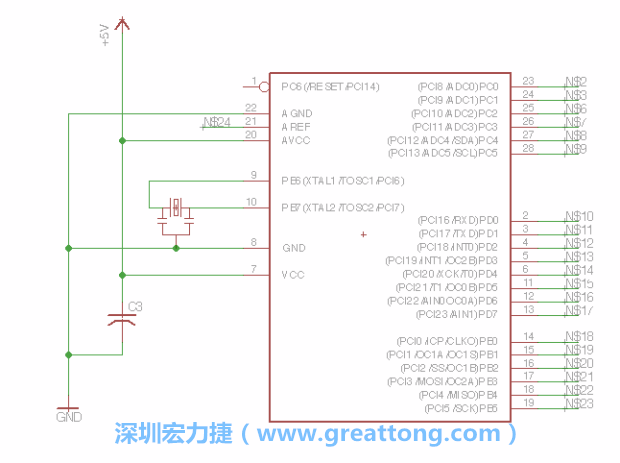 3.3.    將共鳴器（resonator）放置在針腳9和針腳10附近，將它的三個針腳連接如圖所示，并確認最中間的針腳有連到接地端。