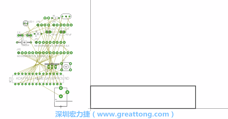 第一次執(zhí)行布線編輯器時，你會發(fā)現(xiàn)有兩個區(qū)塊，左邊的區(qū)塊非常混亂，而右邊的區(qū)塊則是一個長方形的工作區(qū)域，EAGLE免費版會限制你的工作區(qū)域在4” x 3.2”的范圍內(nèi)，如果你試圖將元件擺放在工作區(qū)外的話，就會跳出警示訊息。