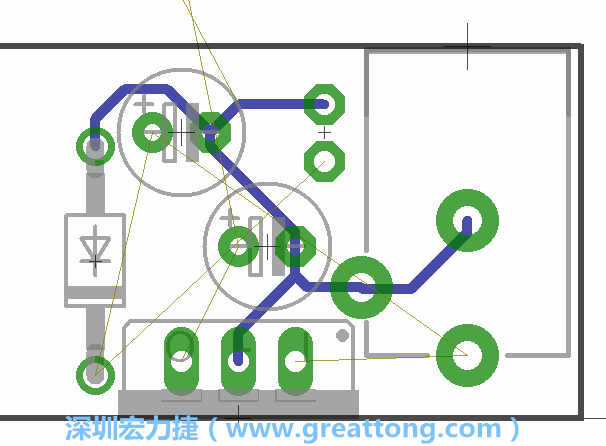 當(dāng)你在擺放元件時，要注意元件間的連結(jié)關(guān)系使用「旋轉(zhuǎn)（Rotate）」工具來讓連結(jié)點更接近、更容易布線。舉例來說，我們可以將這邊的二極體轉(zhuǎn)一個方向來縮短和47μF電容間的連結(jié)距離。