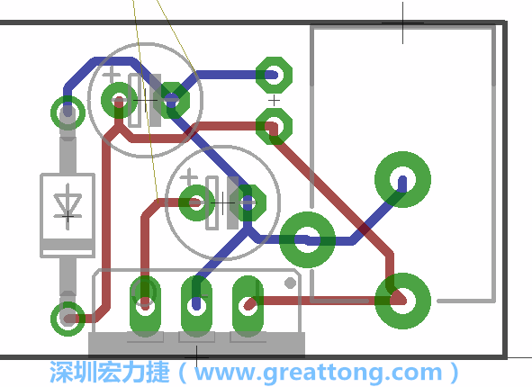 接地連結(jié)點的布線情形如下圖所示，利用這個練習(xí)來避免電路連線銳角化的產(chǎn)生是一個不錯的選擇，你可以在工具列中的彎曲線路（Wire Bend）選項里改變各種布線的變化。