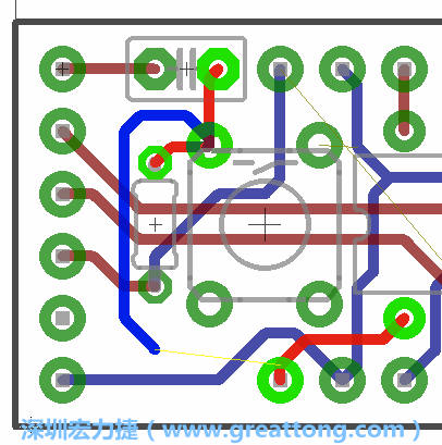 要在電路板正面進行+5V信號線連結(jié)和其他連結(jié)點的布線工作是非常容易的，而重置信號線（信號線用來連結(jié)電路板正面左邊的重置開關(guān)）需要經(jīng)過一個可以通過電路板正反兩面的電路通道，這個通道是一個可以讓電路板正反兩面線路連接的一個小孔。