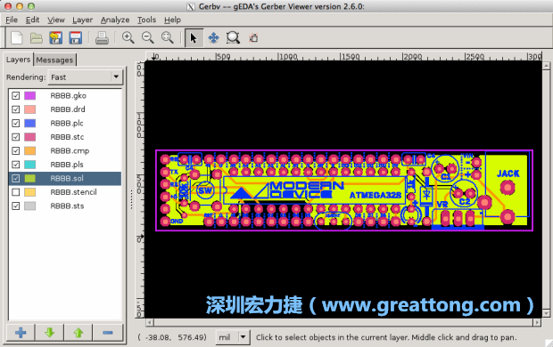 將圖層匯入你的Gerber預覽工具內(nèi)（下圖為Gerbv），我通常會從上到下重新排列它們的順序，好讓我比較好校對：