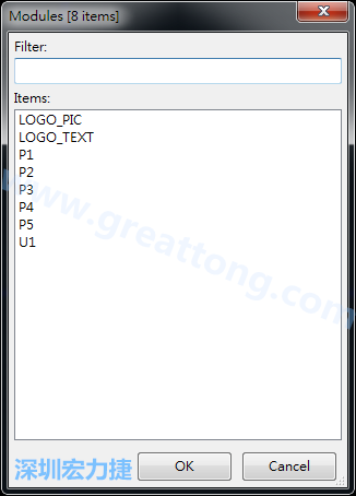 從目前正在編輯的PCB載入Module， 會顯示有那些項目可載入。點選一個， OK后即完成載入