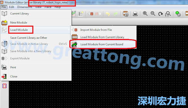 進入Module Editor去載入其他Footprint(Module)進來， 從目前的Active library (不過要先選取一個Current library ) 載入Module 或從目前正在編輯的PCB載入Module。