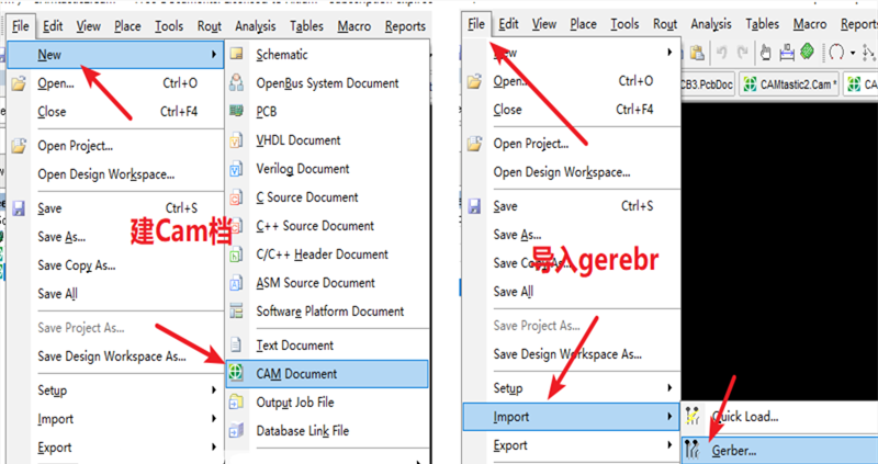 在File下新建 Cam檔，建后再File下導(dǎo)入Gerber文件，選擇所有文件導(dǎo)入gerber。