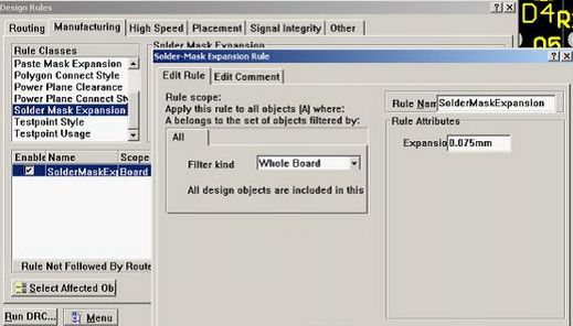 5. 而對(duì)于阻焊的調(diào)整則可以通過(guò)按D、R調(diào)出[Manufacturing]制作設(shè)計(jì)規(guī)則的[Solder-Mask Expansion Rule]設(shè)置項(xiàng)直接設(shè)定單邊放大值