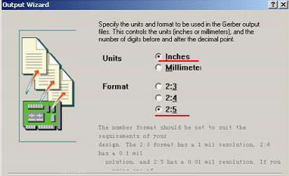 在上圖中選擇“Inches 2：5”，以確保資料精度，反之線寬、線距或孔有偏移現(xiàn)象