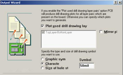 選中“Plot used drill drawing layer”，并將孔圖改為“Cheracte”標(biāo)示