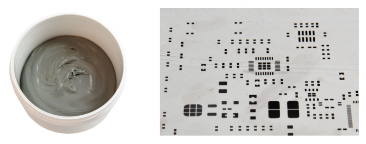 焊膏（左），PCB模板激光切割孔（右）